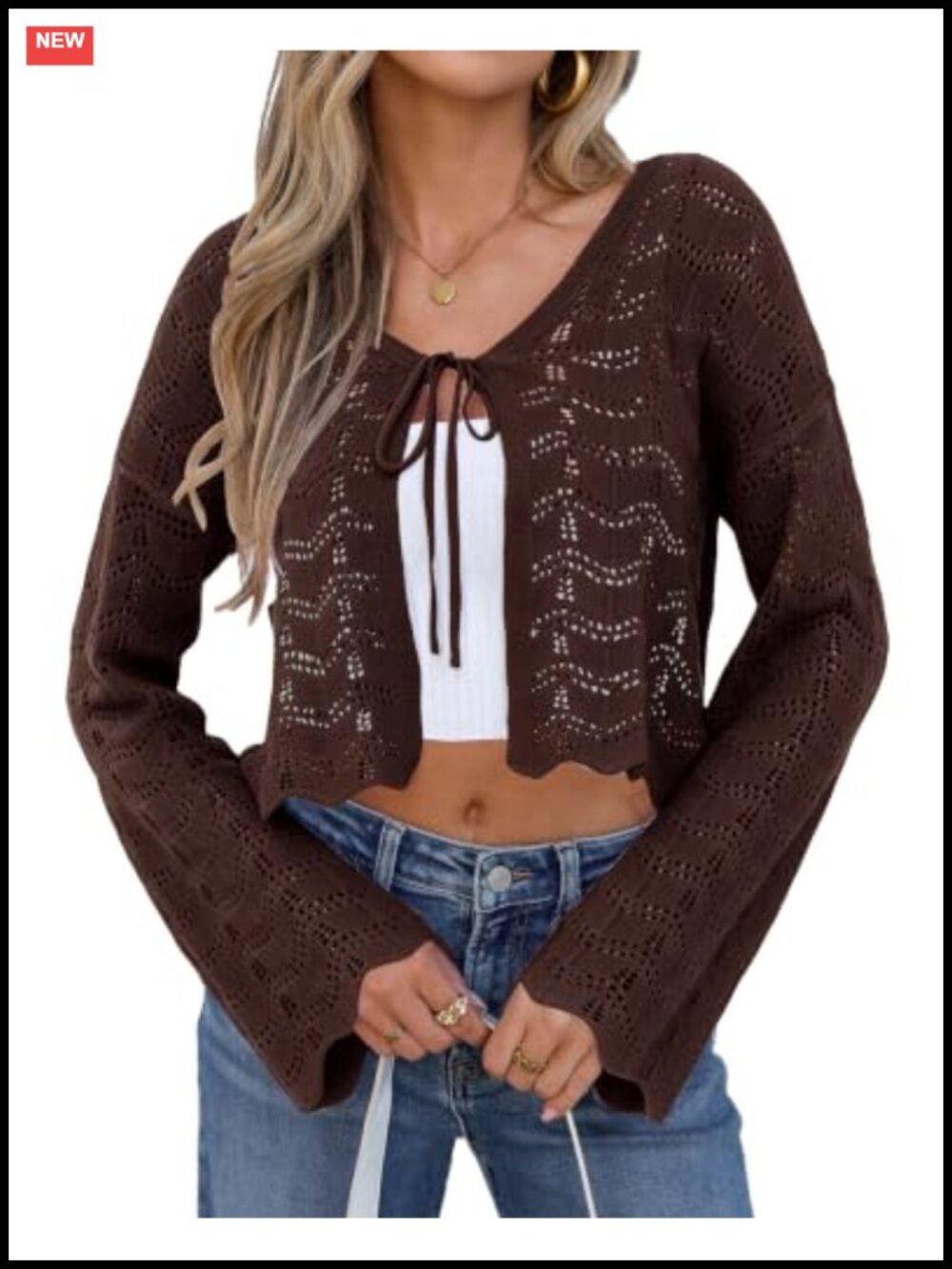 Women's Cropped Crochet Tie Front Bell Sleeve Cardigan